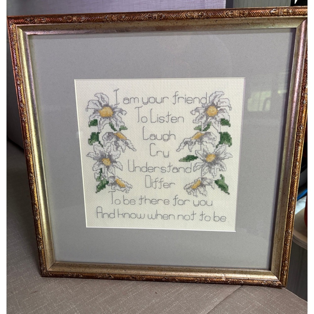 Vintage Framed Cross Stitch Friendship Poem Daisy Floral Wall Art Gold 14x14